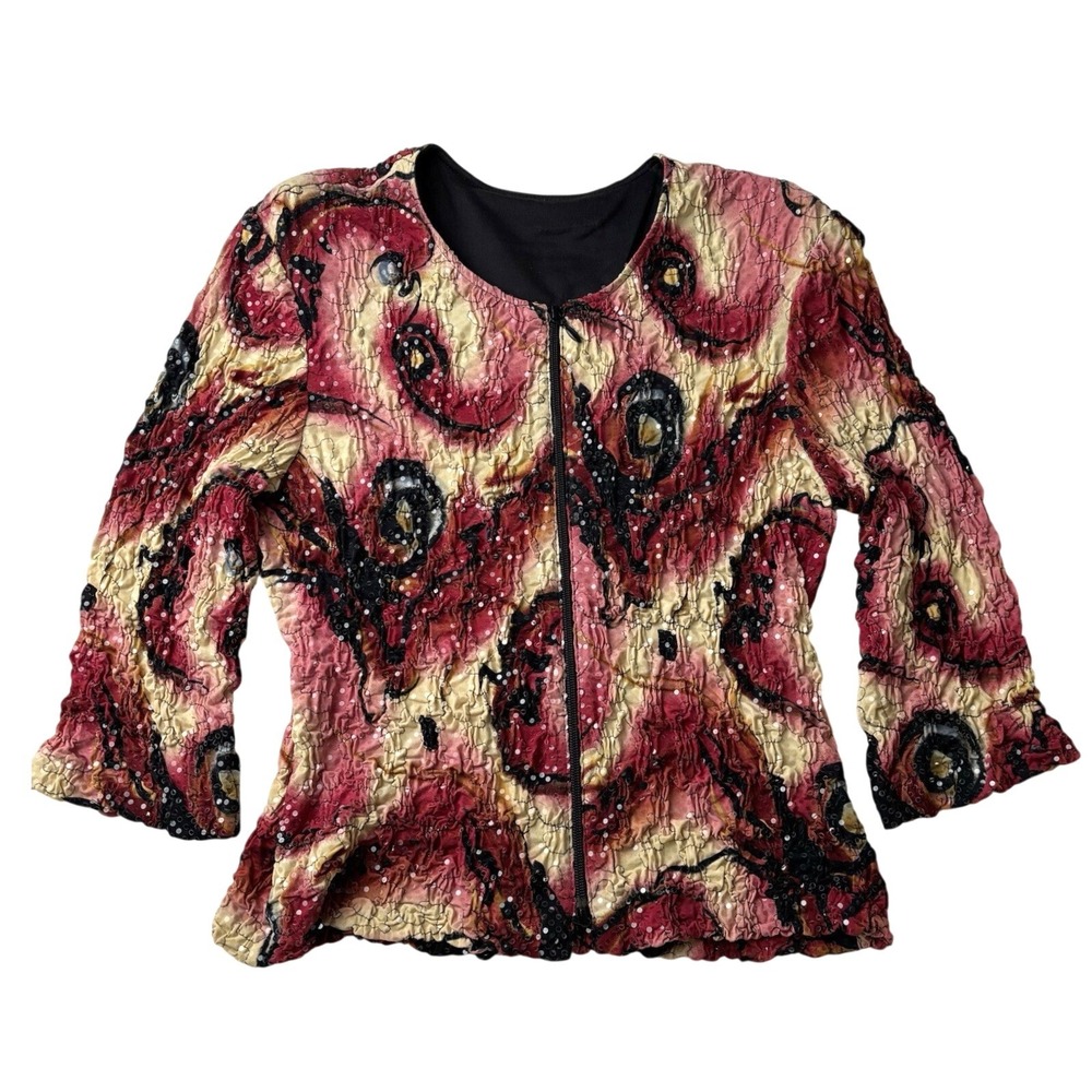 Vintage Handmade Black Red Sequins Crinkle Top‎ OOAK Whimsigoth Witchy Y2K M